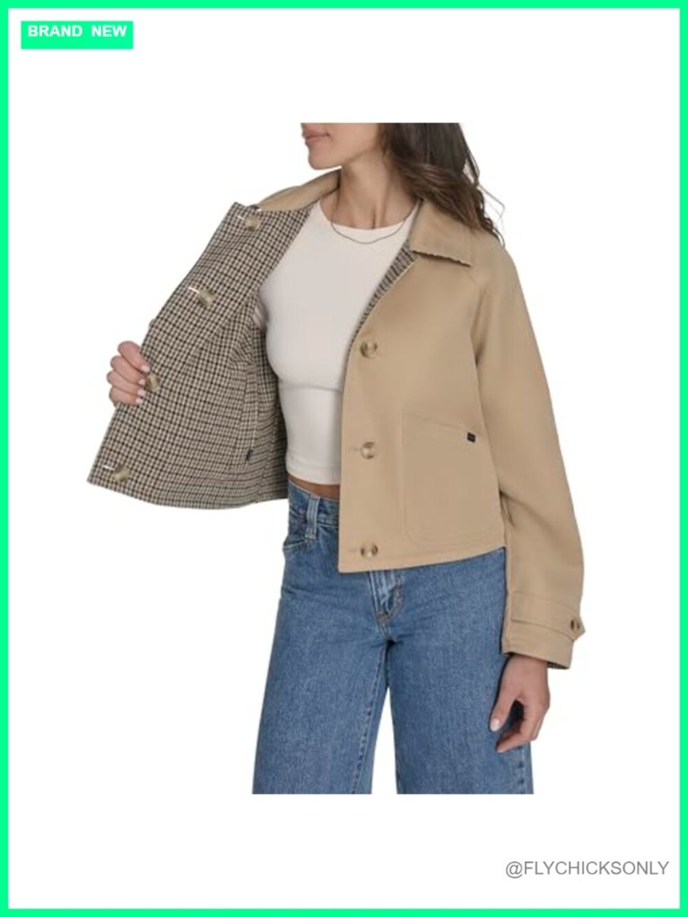 Reversible Trench Jacket Cotton Polyester Cropped Button Front - Picture 4 of 5